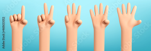 Set of cartoon hands counting from one to five. Hands character cartoon counts to 5. Vector illustration businessman hands. Communication gestures concept. Hands gesture numbers.