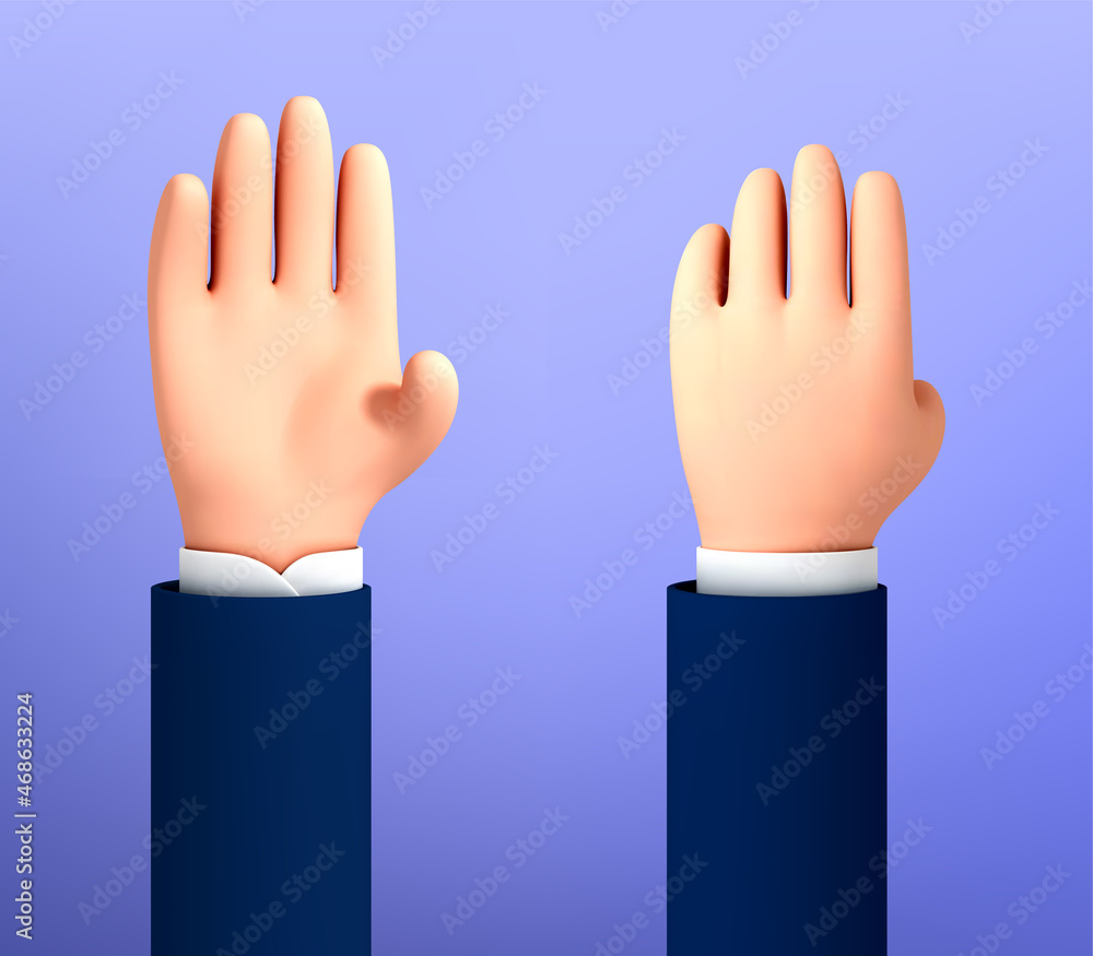 Vector cartoon open palm, hello gesture. Five fingers, hello palm isolated on blue background. Cartoon character hand goodwill gesture Vector cartoon open palm, hello gesture. Five fingers, hello palm isolated on blue background. Cartoon character hand goodwill gesture