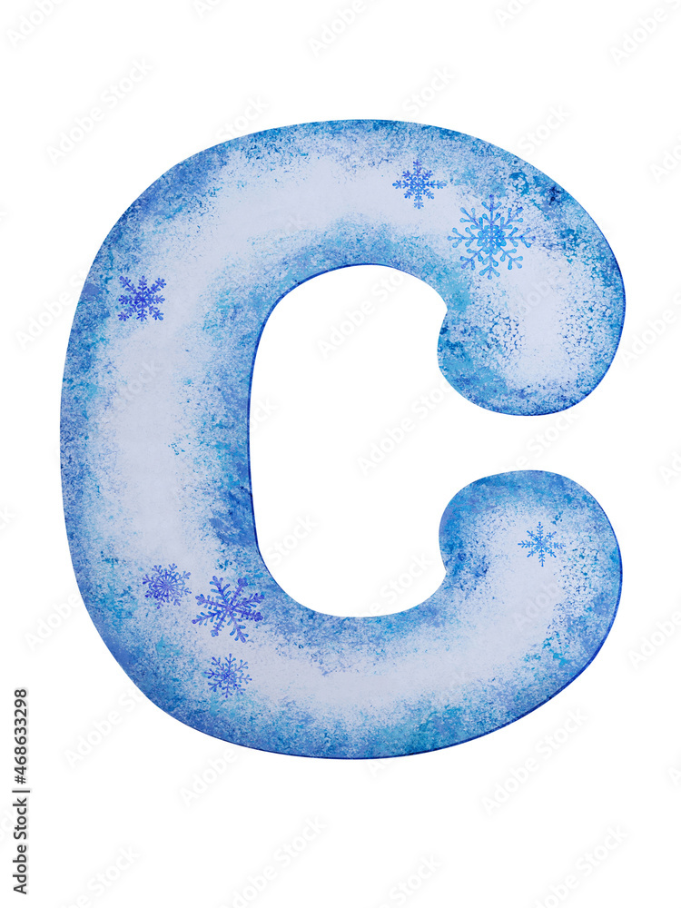 Letter C painted on paper with blue specks and spots decorated with snowflakes in winter style Letter C painted on paper with blue specks and spots decorated with snowflakes in winter style
