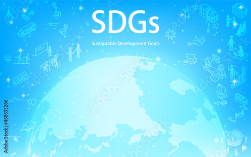 SDGs、光る地球とSDGsの文字とゴールアイコン、キラキラ星の輝く青背景