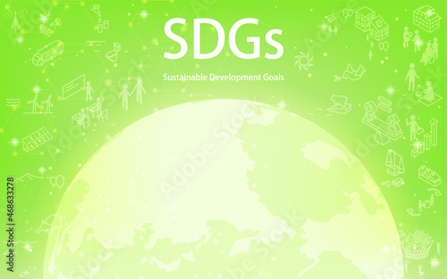SDGs、光る地球とSDGsの文字とゴールアイコン、キラキラ星の輝く緑背景のエコイメージ