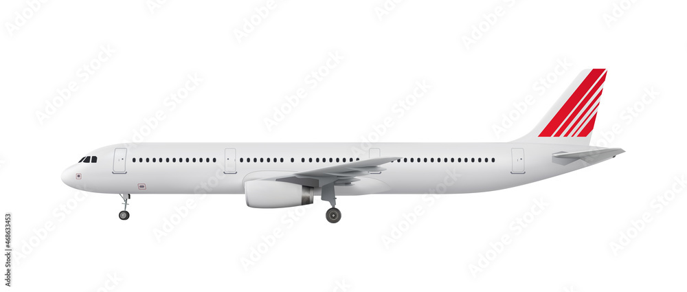 Vector realistic airplane isolated on white background. Highly detailed white passenger airliner with a red tail wing.
