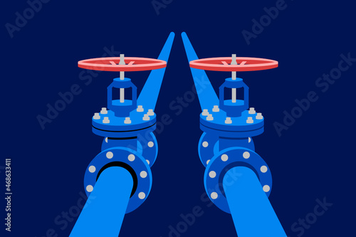 Pipe distribution system. Natural gas pipes with valves. Color illustration of industrial oil, water, gas pipes. Vector.