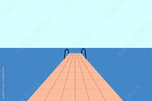 Ocean calm. Sea pier illustration. Woden bridge, blue water and sky. First person view. Diminishing perspective landscape. Vector.