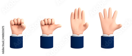 Set of cartoon 3d hands. Vector cartoon hand gestures isolated on white background.