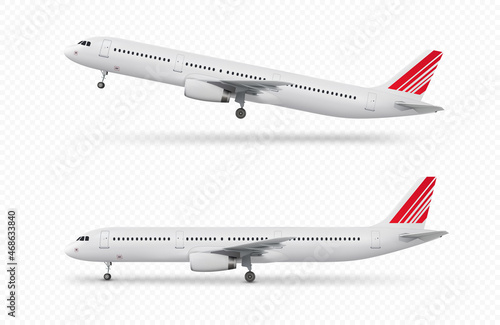 Set of airplanes isolated on transparent background. Vector realistic illustration.