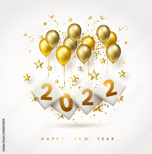 Happy New Year poster. Golden 3D balloons, stars with numbers on white background. Gold ballons, tinsel, confetti and 2022 holiday greeting card design template