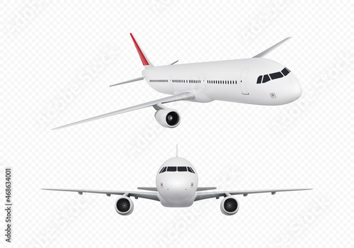 Set of airplanes isolated on transparent background. Vector realistic illustration.