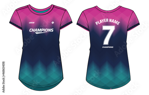 Women Sports Jersey t-shirt design concept Illustration, Abstract chevron pattern Round neck t shirt for girls and Ladies Volleyball jersey, Football, badminton, Soccer and netball, Sport uniform kit