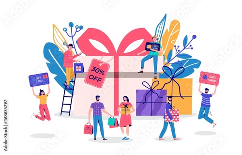 Seasonal discount website sale banner with people holding shopping bag. Promotion of online store loyalty program, bonus, reward, discount card, coupon or voucher. Modern flat vector for advertisement