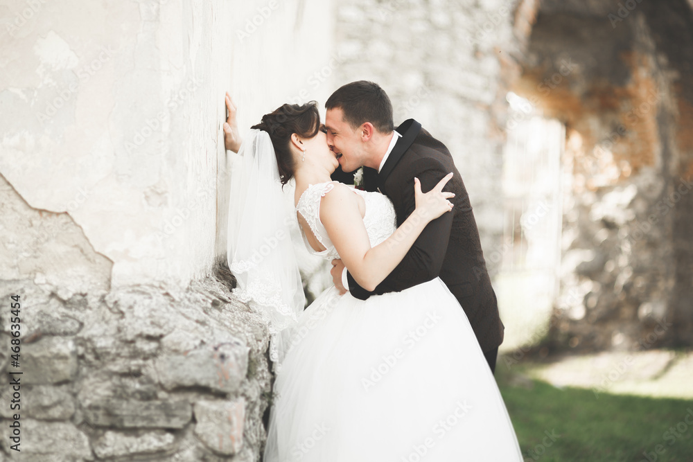 Beautiful fairytale newlywed couple hugging near old medieval castle Beautiful fairytale newlywed couple hugging near old medieval castle