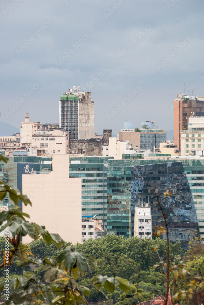 buildings in the center of Rio de Janeiro seen from the top of the Santa Teresa neighborhood in Brazil.