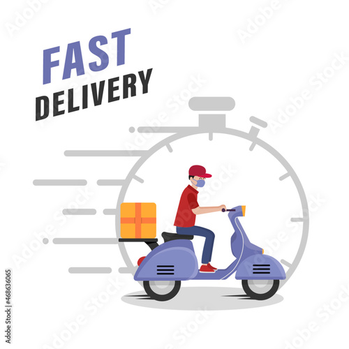 Fast delivery service, online tracking of delivery, delivery to any place. A man on a scooter wearing a mask. Vector illustration