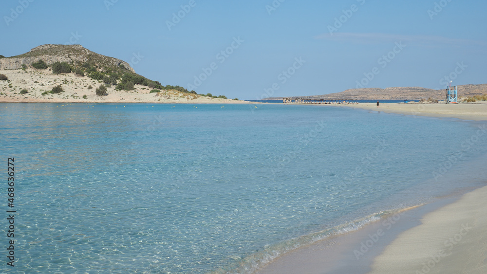 Beautiful sandy beach of Simos with crystal clear turquoise sea and natural sand dunes, Elafonisos island, Peloponnese, Greece