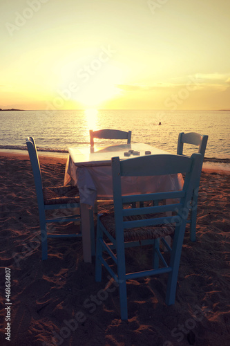 Sunset ass seen from seaside tavern in small island of Elafonisos  Peloponnese  Greece