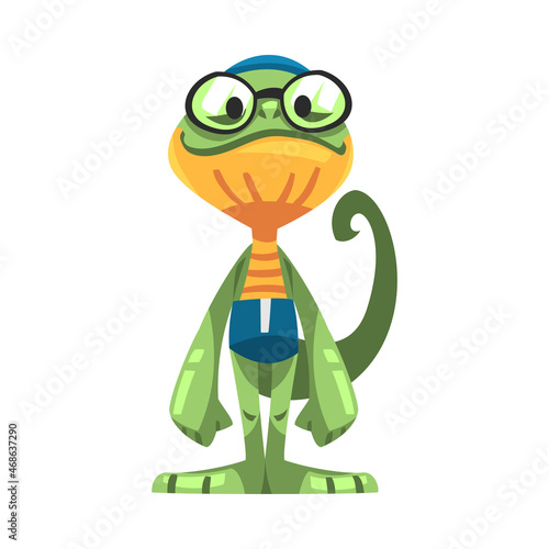 Lizard in Sportswear and Goggles Doing Swimming Sport Vector Illustration