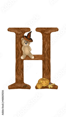 Letter H. The original children's autumn alphabet with a wonderful teddy bear, which learns the letters with the baby. Great choice for holiday decorations, children's cards, presentations or textbook photo