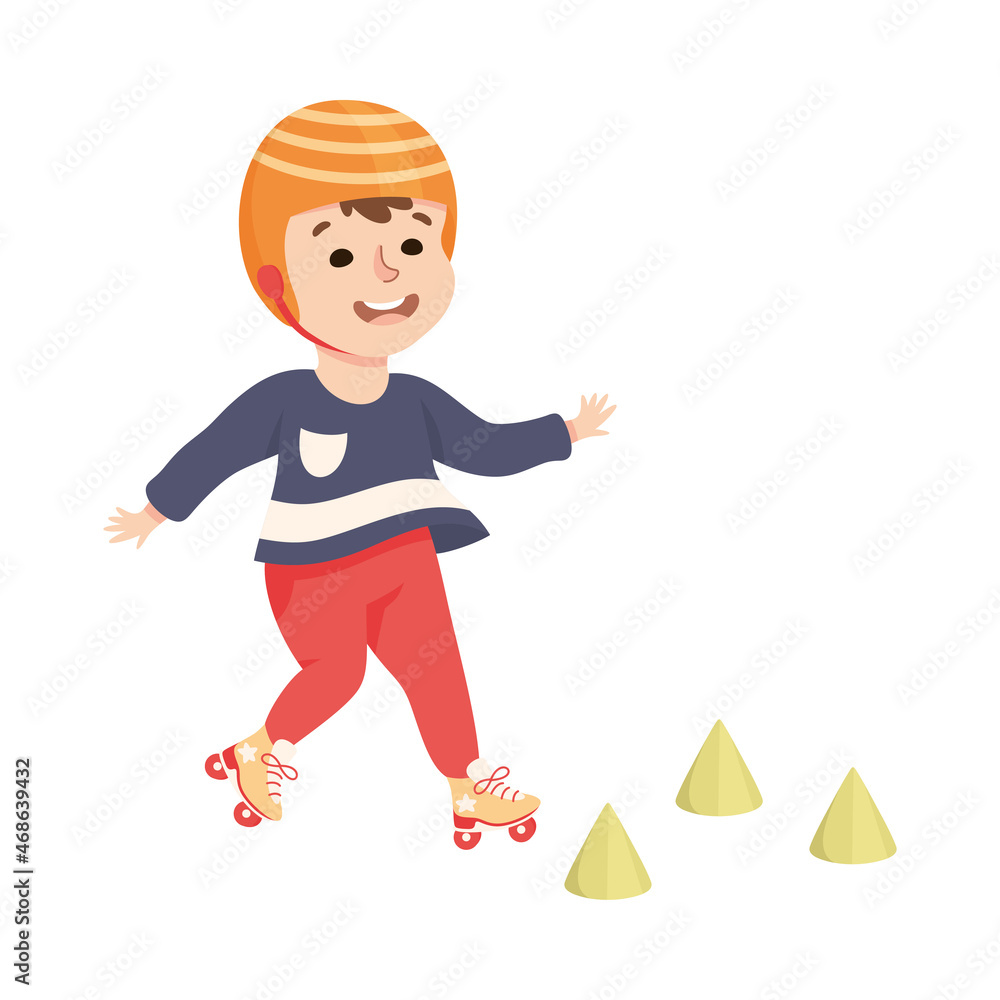 Little Boy on Roller Skates in Skate Park Wearing Protective Helmet Having Fun and Enjoying Recreational Activity Vector Illustration Little Boy on Roller Skates in Skate Park Wearing Protective Helmet Having Fun and Enjoying Recreational Activity Vector Illustration