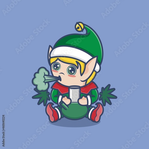 cute cartoon christmas elf smoking weed. vector illustration for mascot logo or sticker