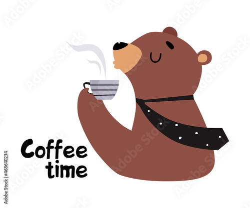 Bear Staff or Office Employee in Tie Drinking Coffee Having Lunch Break Vector Illustration