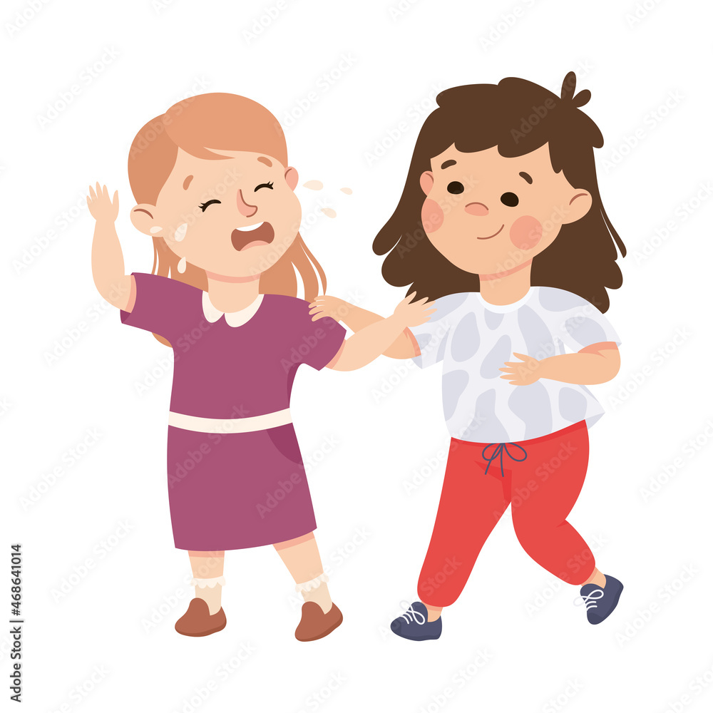 Little Girl Supporting and Comforting Crying Friend Vector Illustration