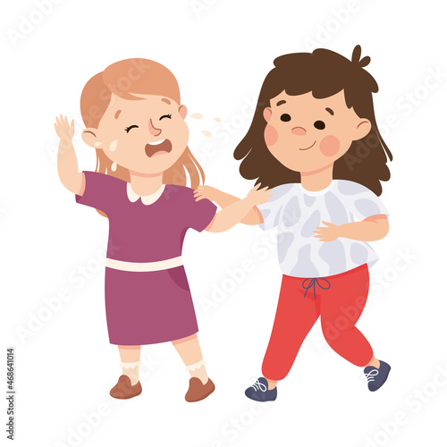 Little Girl Supporting and Comforting Crying Friend Vector Illustration