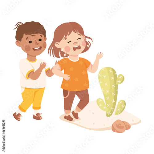Little Boy Supporting and Comforting Crying Girl with Prickled Finger Vector Illustration