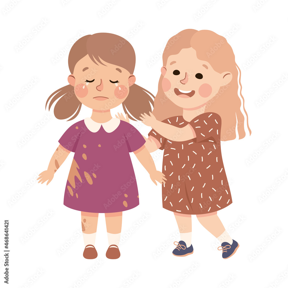 Little Girl Supporting and Comforting Crying Friend with Spoiled Dress Vector Illustration Little Girl Supporting and Comforting Crying Friend with Spoiled Dress Vector Illustration