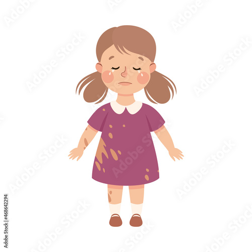 Little Girl in Spoiled Dress Standing and Crying Out Loud Feeling Sad Vector Illustration