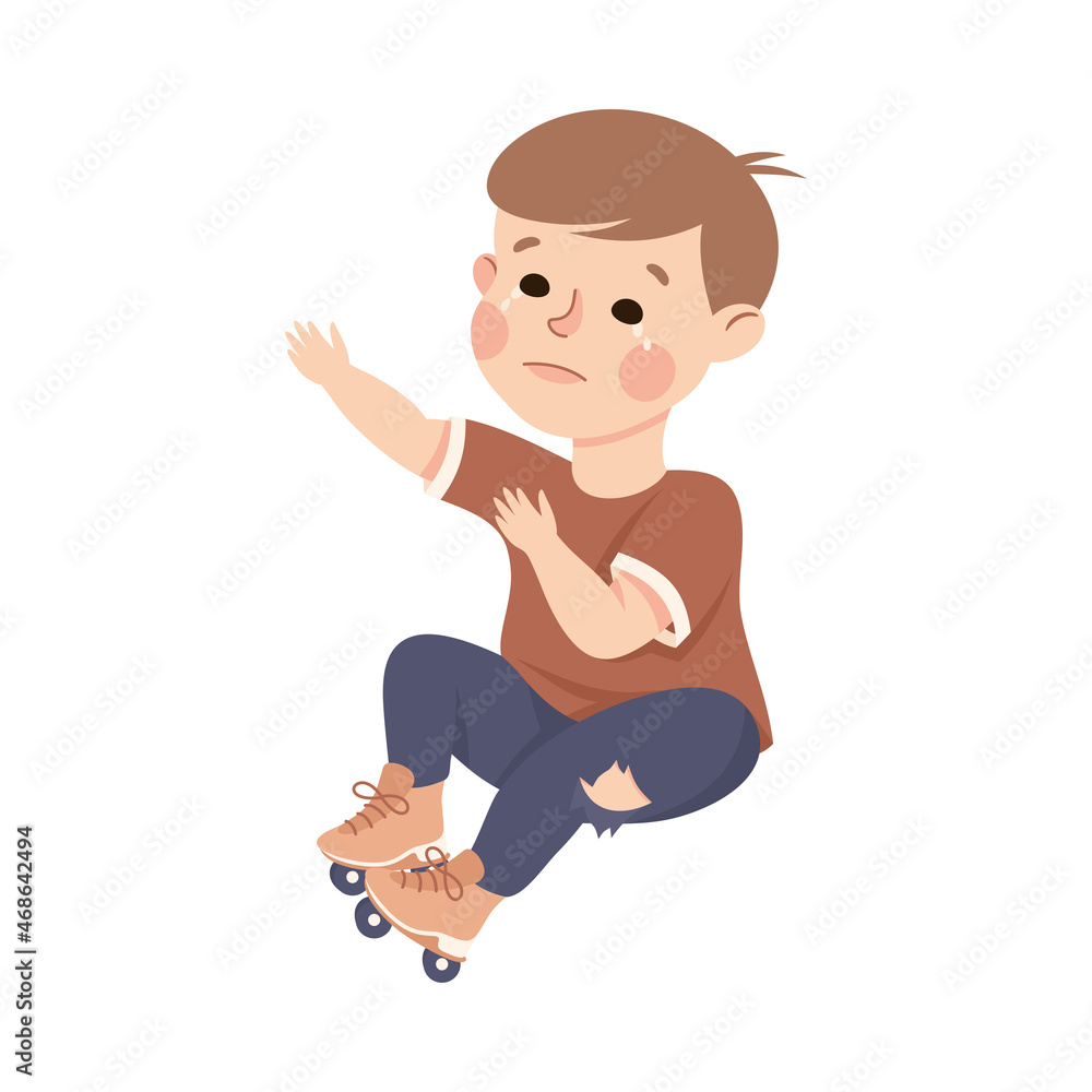 Little Crying Boy Fallen Down with Roller Skates Vector Illustration Little Crying Boy Fallen Down with Roller Skates Vector Illustration