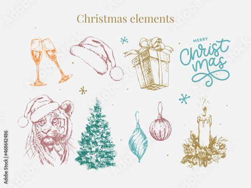 Christmas Set 2022 New Year and Christmas symbols, Christmas tree, tiger, Santa, cone, cinnamon, glasses, Candle, toys, gifts, sketch illustrations.Vector.