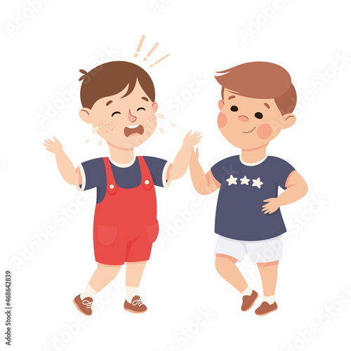 Little Boy Supporting and Comforting Sad Friend Feeling Empathy and Compassion Vector Illustration