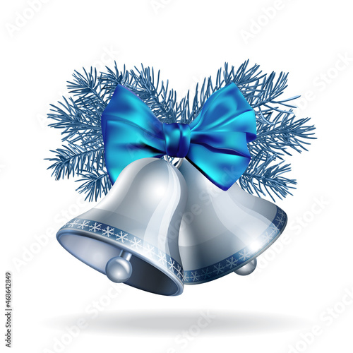 Silver bells with blue ribbon and fir branches.