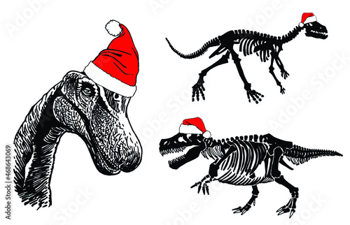 Graphical skeletons of raptor  and portrait of parazaurol in Santa Claus red hats on white background, Christmas elements for design 