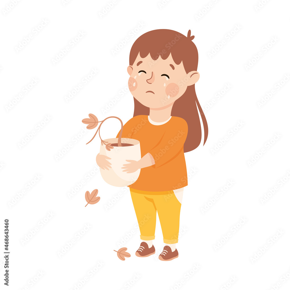 Little Girl with Faded Flower in Flowerpot Crying Out Loud Feeling Unhappy Vector Illustration