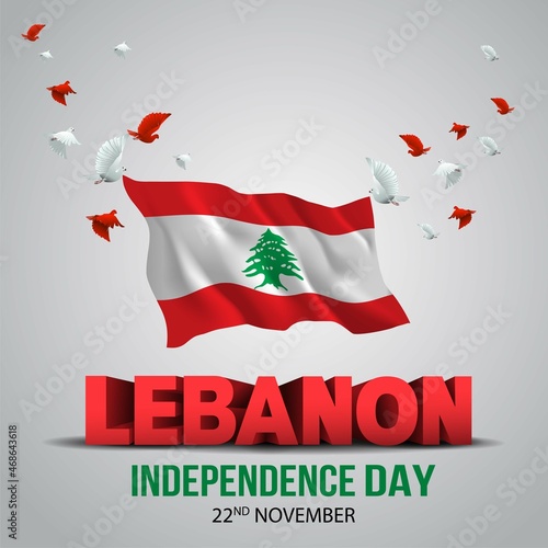 happy independence day Lebanon. 3d tree and Lebanon flag with flying pigeon. vector illustration design