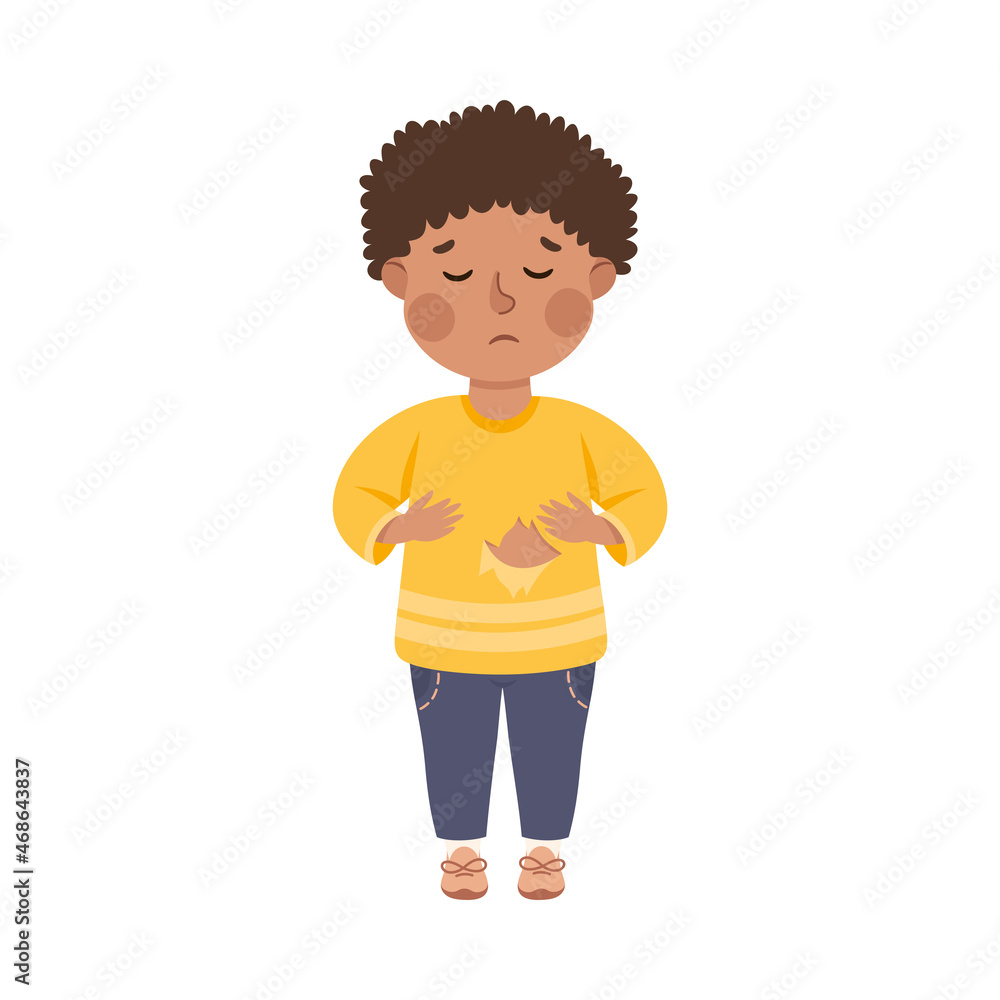 Little Sad Boy with Ripped Sweater Feeling Sad Vector Illustration