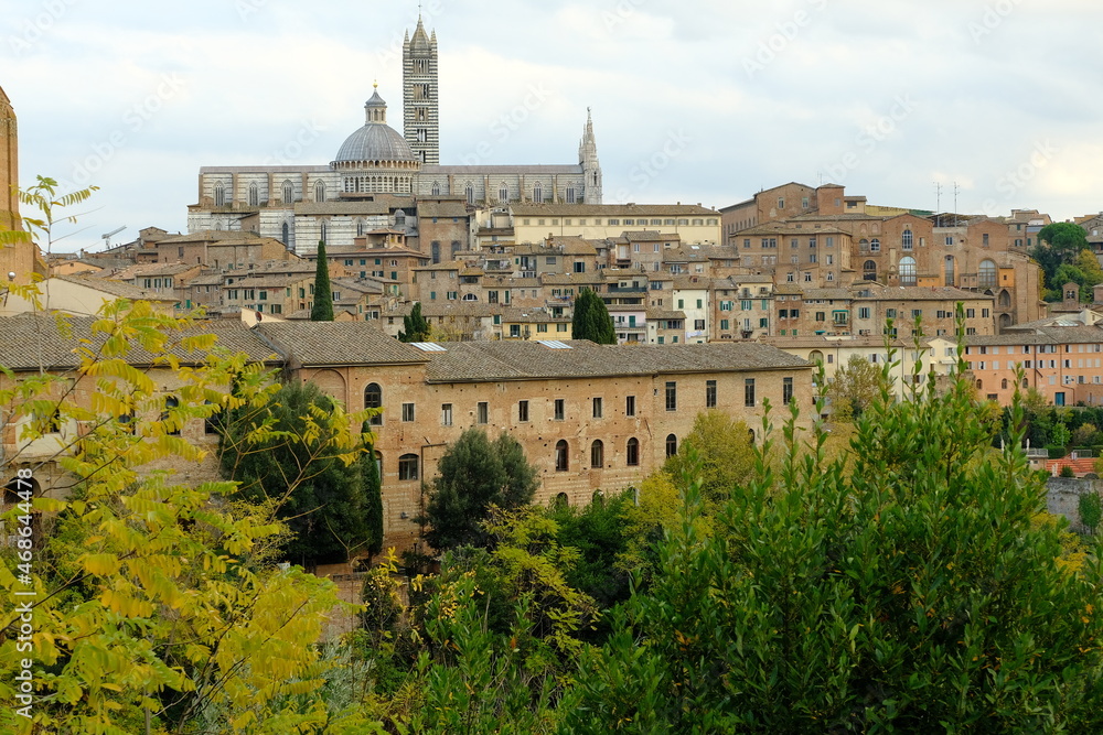 Siena panorama. Siena, panorama of the ancient Tuscan city.View of the town with its main monuments: the Cathedral, the Torre del Mangia. Siena, Tuscany, Italy.