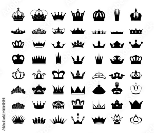 Collection of black silhouettes of crowns. Icons for creating tattoos, prints, stickers.
