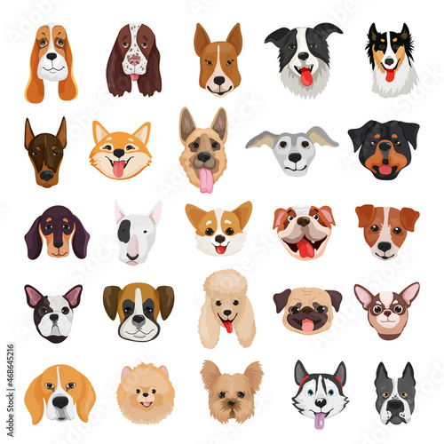 Collection of detailed purebred dogs. Funny dog avatars isolated on white background.