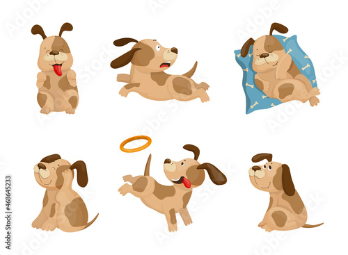 Collection of cartoon illustrations with dog performing different actions. Colorful cute character.