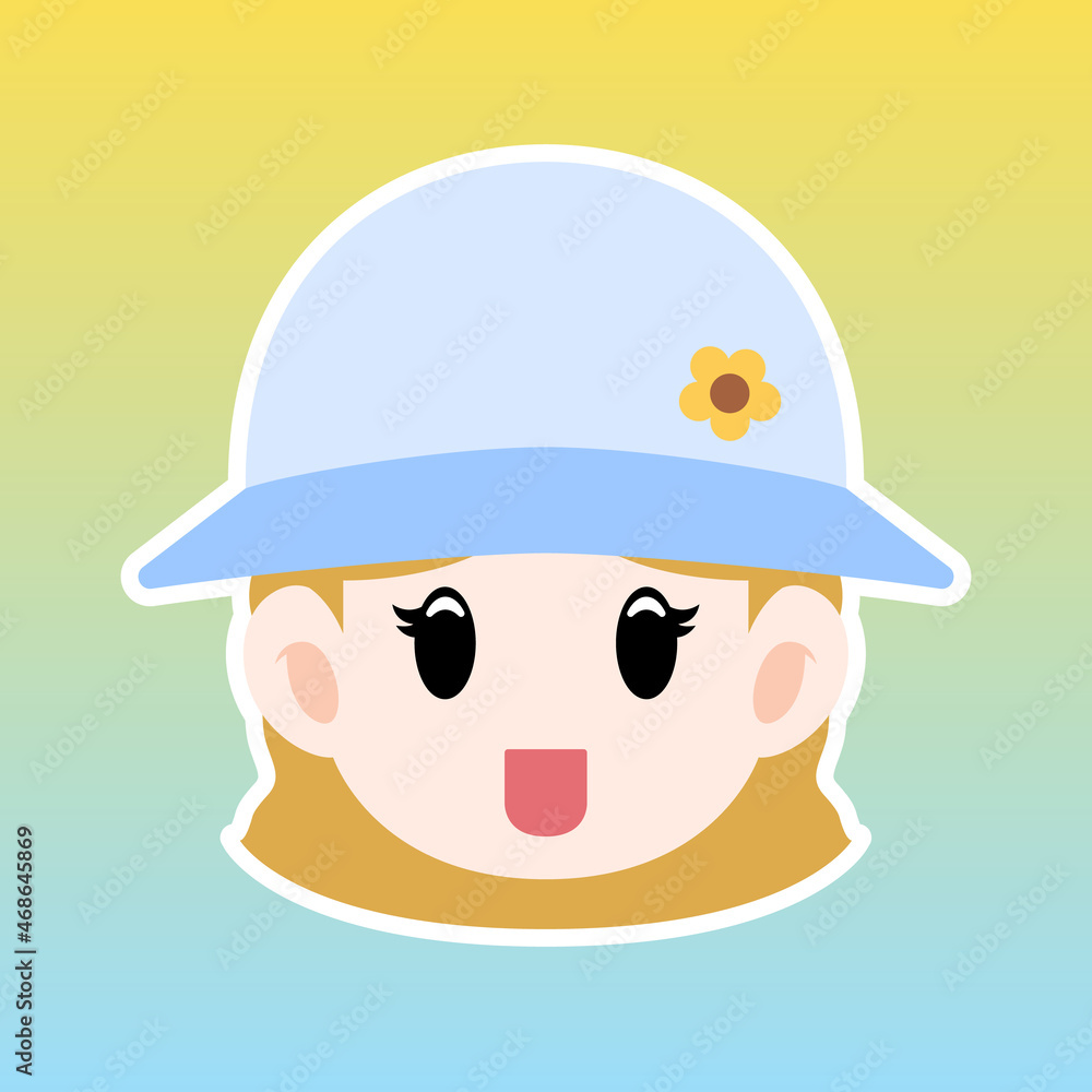Cartoon illustration of a blonde girl face wearing a summer hat in a flat style , this cute image is suitable for your colorful and flat project design elements, can also be used for sticker and icon