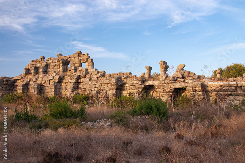 Ancient ruins in Side, Turkey, Manavgat. Antique city walls. Ruins of walls and towers. Attractions Side.