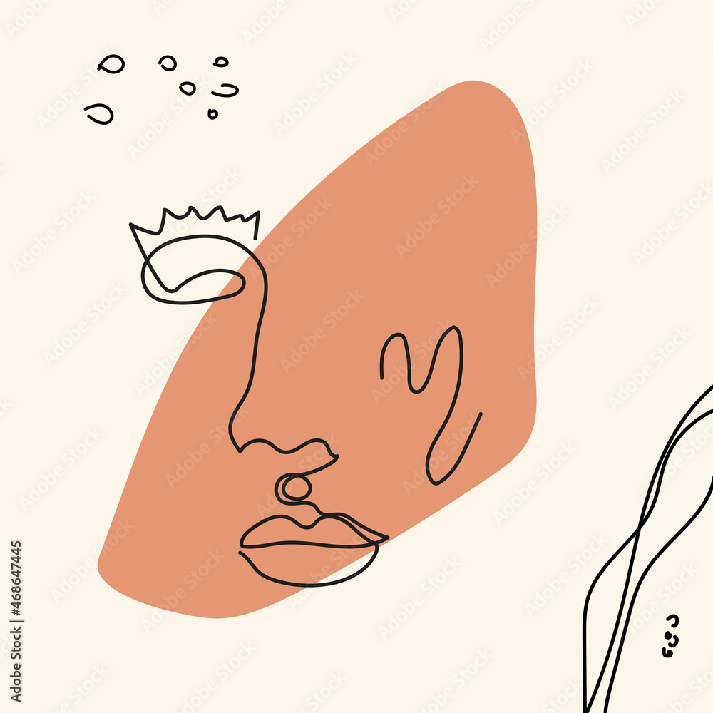 Abstract shapes, dots, lines, natural motives with face in line art style are isolated. Contemporary hand drawn vector illustrations with continuous line face in minimalistic elegant concept. Design Abstract shapes, dots, lines, natural motives with face in line art style are isolated. Contemporary hand drawn vector illustrations with continuous line face in minimalistic elegant concept. Design