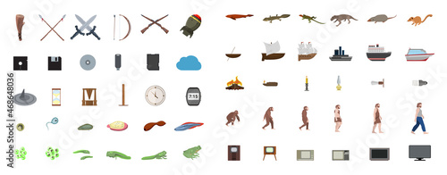 Illustrations with evolutionary stages. Technological and biological evolutions.