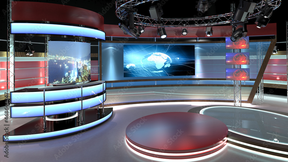 Virtual TV Studio Set. Green screen background. 3d Rendering. Virtual set  studio for chroma footage. Illustration Stock | Adobe Stock