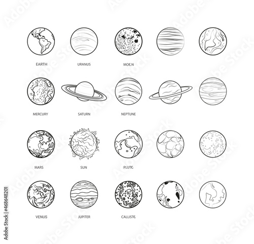 Collection of linear planets. Sketch style icons.