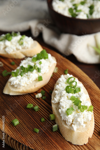 Bread with cottage cheese and green onion on wooden board, closeup