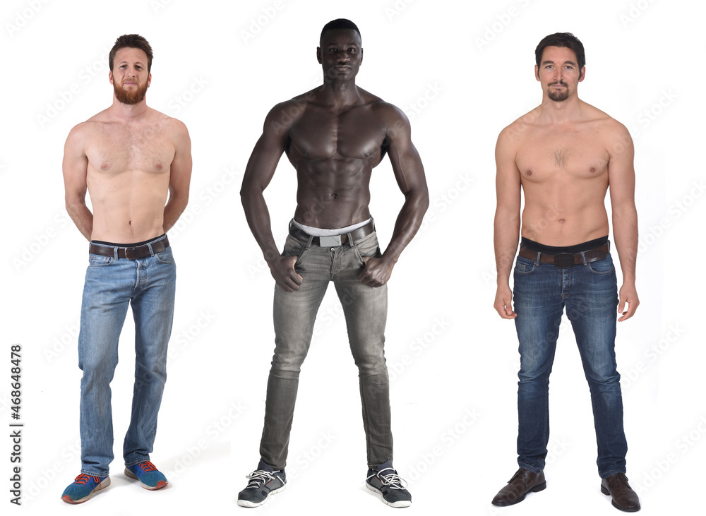 group of men shirtless on white background group of men shirtless on white background