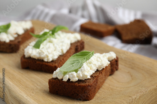 Bread with cottage cheese and basil on wooden board, closeup